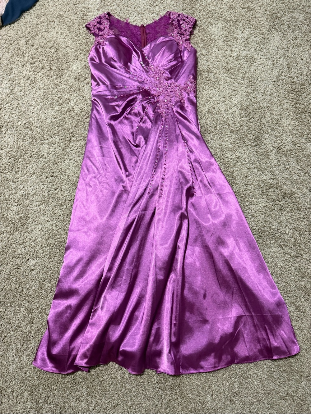 JJs House Purple Lace Applique Satin Evening Gown